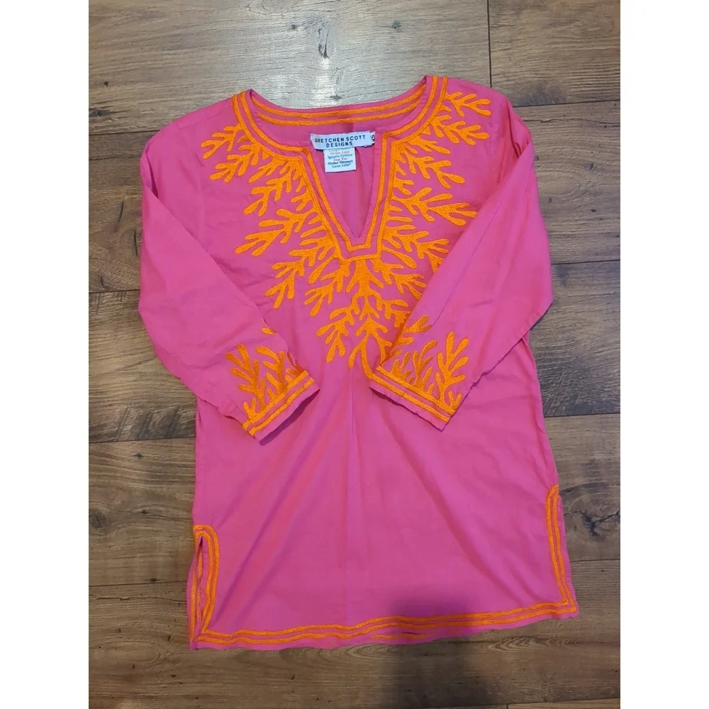 Gretchen Scott‎ Womens XS 3/4 Sleeve Coral The Reef Embroidered Tunic